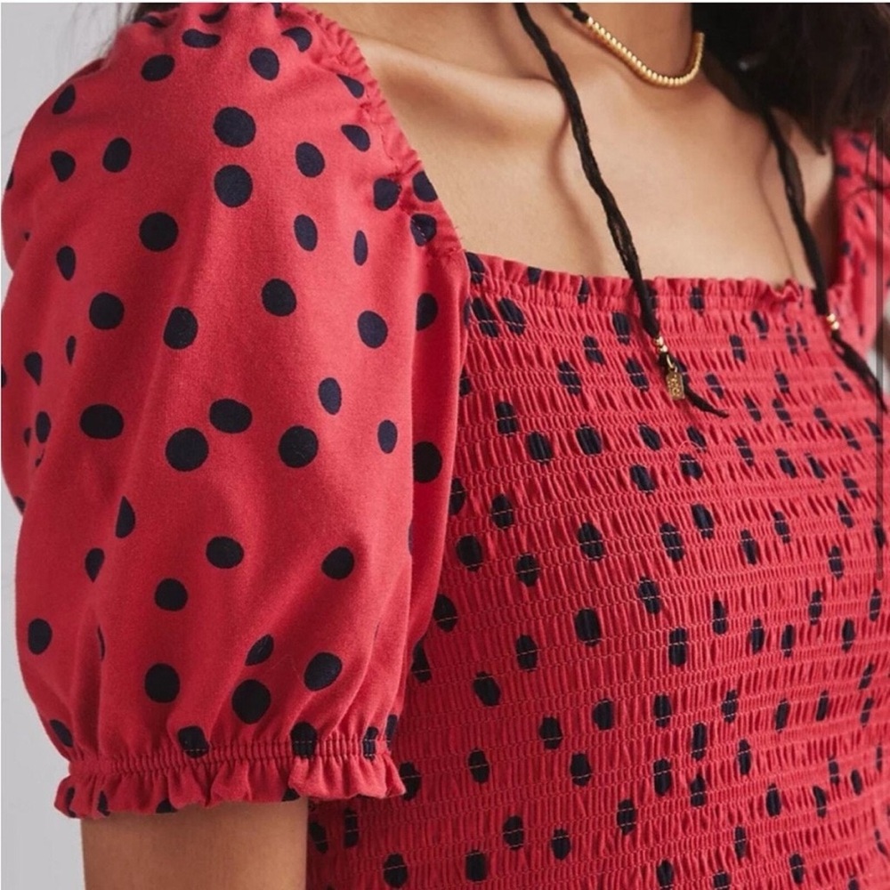 Anthropologie Dolan Left Coast Polka Dot Smocked Puff-Sleeved Top - Picture 2 of 4